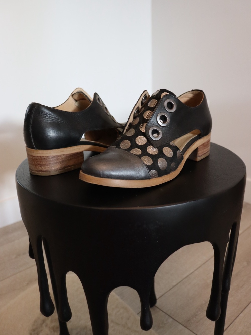 Unity in Diversity Black and Metallic Polka Dot Leather Oxfords